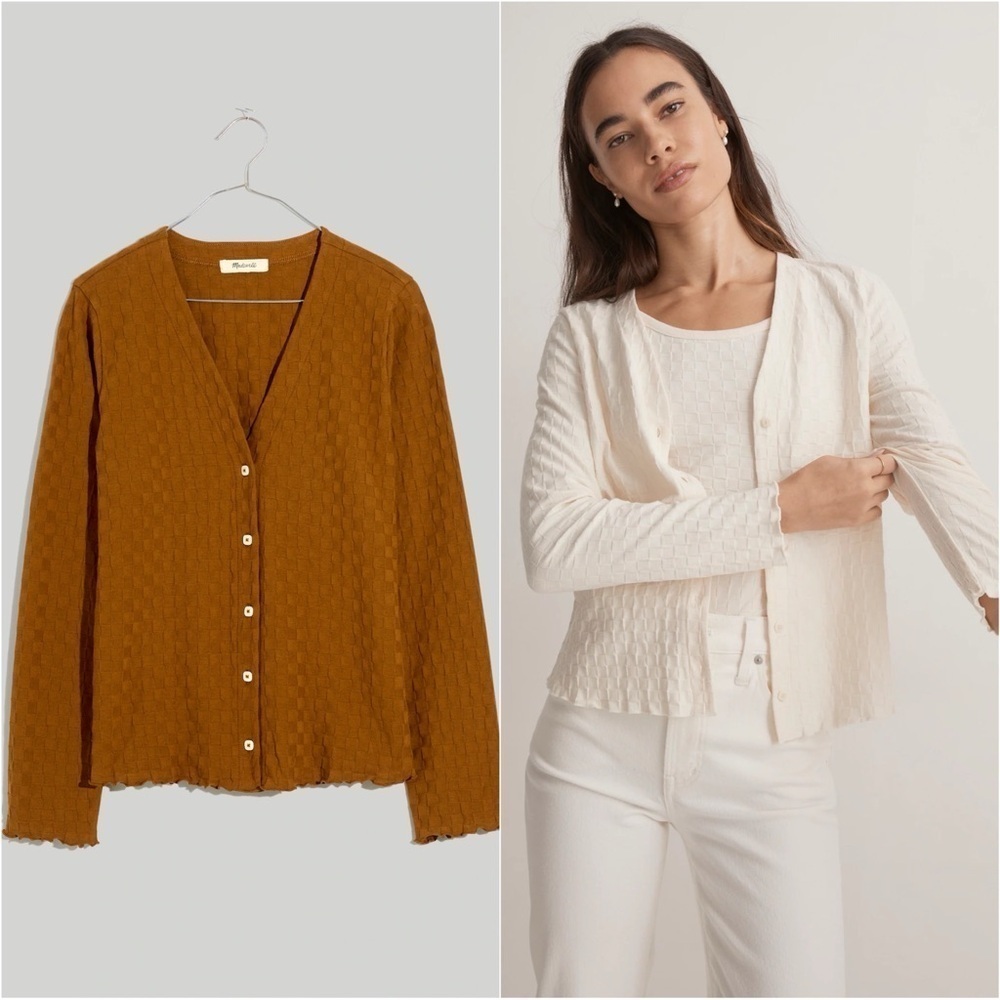 Madewell Top V-Neck Cardigan in Checkerboard Jacquard Button Front Sepia XS